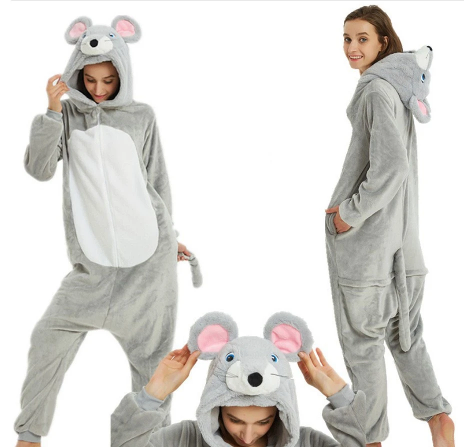 

New Flannel Gray Mouse Onesies Kigurumi Adult Grey Rat Pajamas Nightgown Cosplay Costume Animal Pyjamas Sleepwear Set