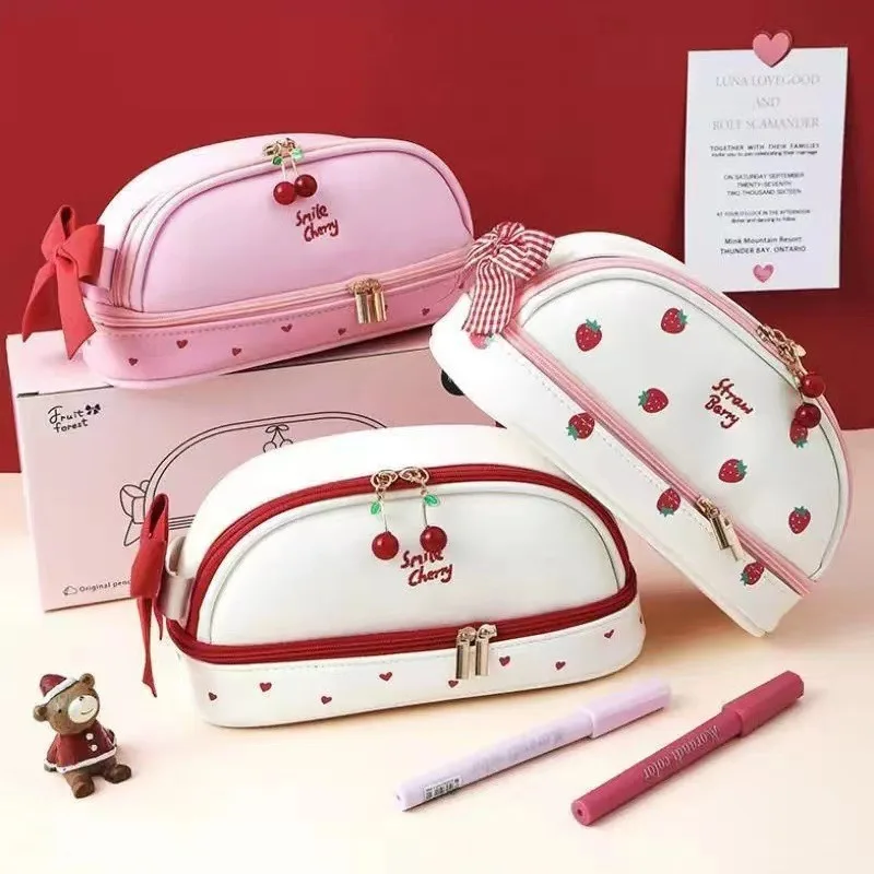 Pink Strawberry Pen Bags Cute Doule Layers Large Capacity Pencil Cases With Bows Designs Ins Style School Stationery Supplies