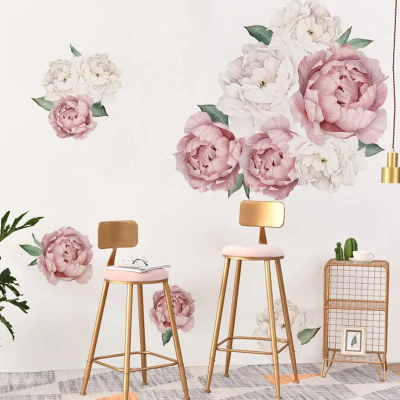 Pink White Watercolor Peony Flowers Wall Stickers for Kids Room Living ...