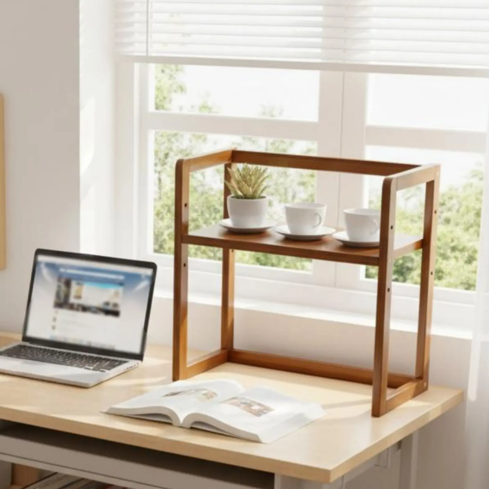 다층형 수납 선반 공간 절약형 2단 책상 선반 2단 나무 정리대 손쉬운 접근이 가능한 나무 머그컵 걸이 견고한 구조