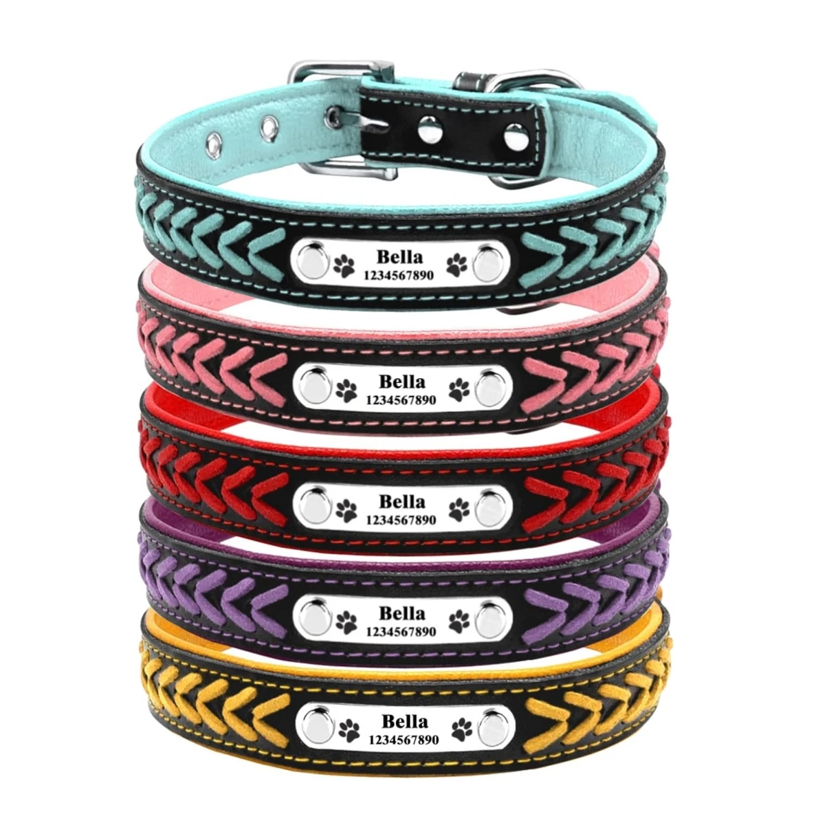 

Engraved Leather Dog Collar Braided Persoanzled ID tag Collars Nameplate Customized Pet Collar Leather Pet Walking Leash Leads