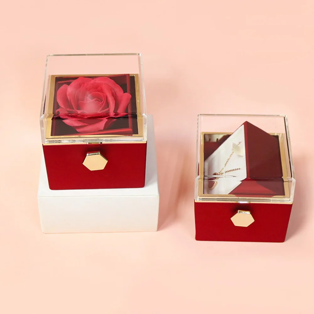 

Eternal Rose Rotating Jewelry Box Transparent Lid With Gift Bag Rose Gift Box Soap Flower Acrylic Ring Box Wedding Party