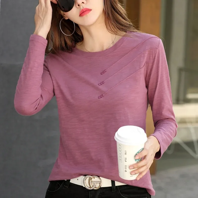 Women's O-Neck Blouses Loose Cotton Shirts Long Sleeve Solid Color Office Pleasure Fashion Korean Autumn 10800