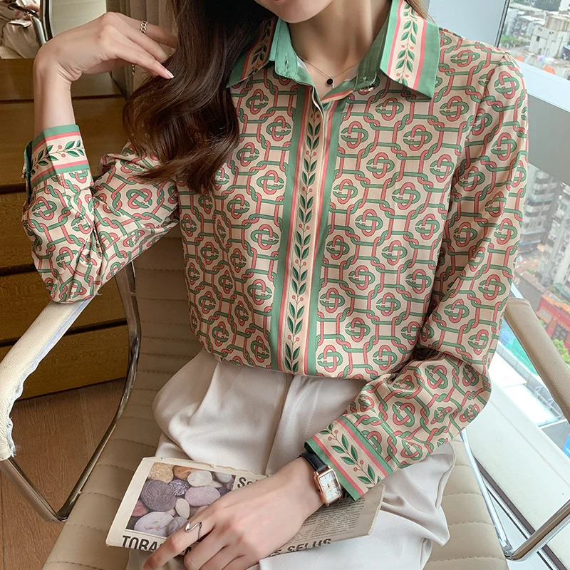 Chiffon Women's Blouse New Korean Print Polo Shirt Loose Fashion Long Sleeve Top Casual Summer Clothing Houthion | Женская одежда