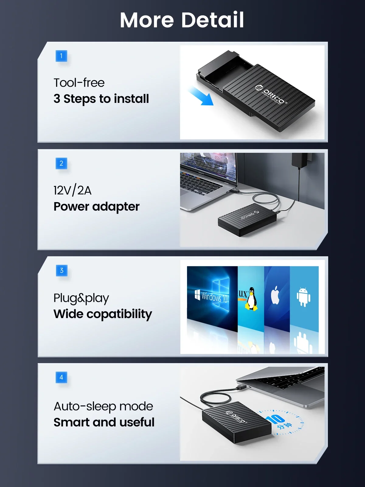 ORICO 3.5인치 HDD 케이스 타입 C 2.5인치 3.5 SATA 하드 드라이브 인클로저 SATA-USB 3.0 외장 하드 드라이브 리더기 (2.5/3.5인치 HDD SSD용)