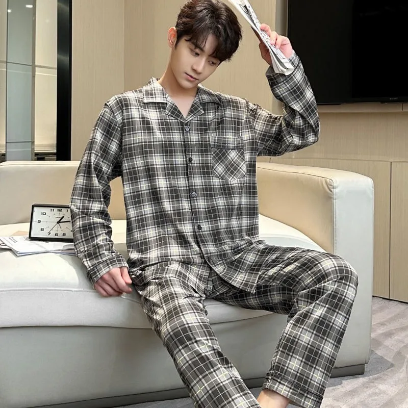 2024 New Pure Cotton Pajamas Men's Autumn Winter Sleepwear Long Sleeved Cotton Thin Loungewear Plaid Oversized Homewear Set
