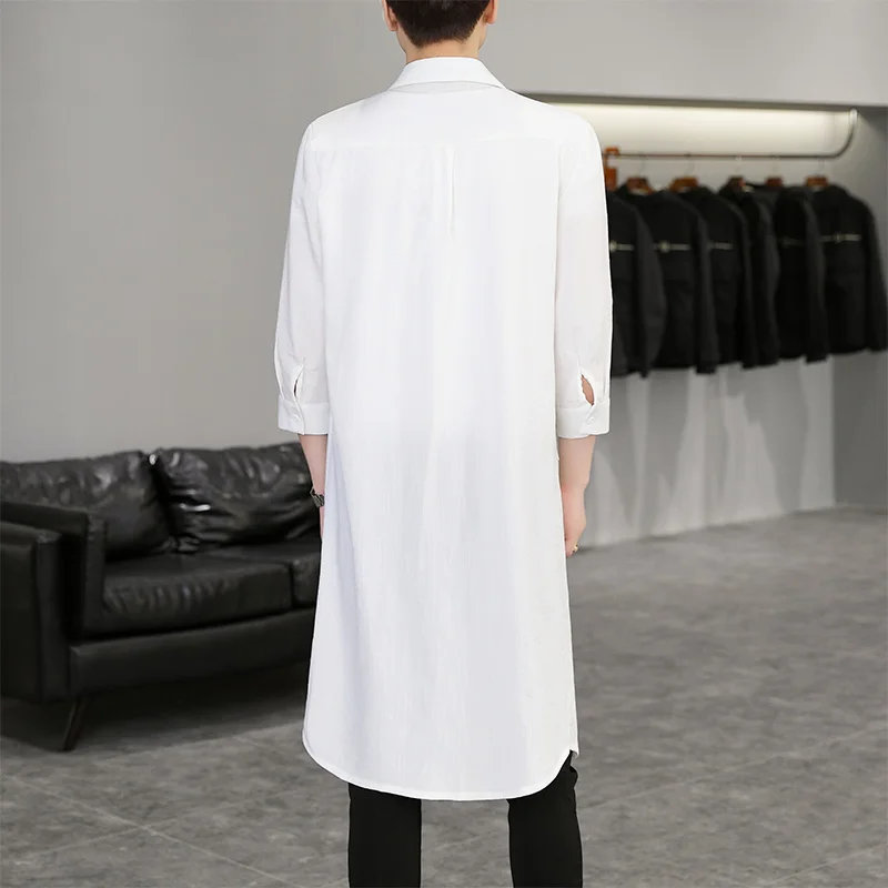 Summer Thin Men's Zipper Casual Cardigan 7/4 Sleeve Trench Coat Pocket Decoration Solid Color Open Front Korean Style