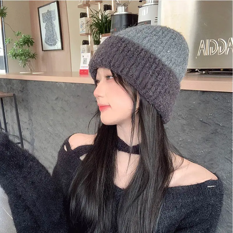 Contrast Dome Knitted Beanies Winter Women's Retro Warm Outdoor Woolen Brimless Caps Fashion Versatile Hats_voghion.com