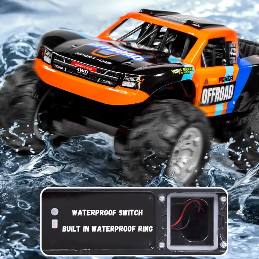 Voiture RC tout-terrain 1/14 amphibie 4x4 télécommandée - JJRC Q205 RTR en action dans l'eau, projetant des éclaboussures