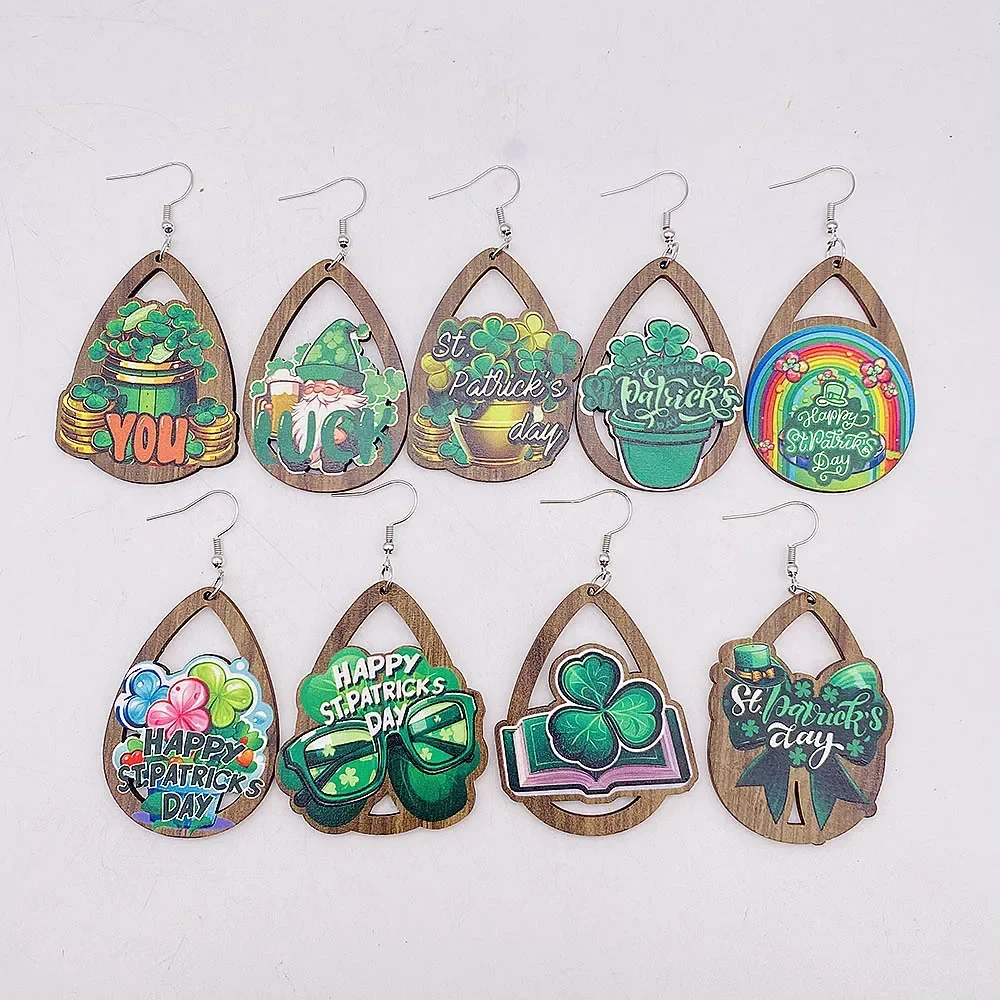 

New St. Patrick's Day Full Beard Earrings Green Lucky Grass Rainbow Beard Irish Wooden Earrings for Women Jewelry Holiday Gift
