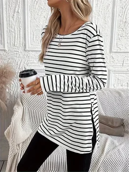 Stripe print crew neck t-shirt casual long sleeve slit t-shirt spring and autumn women's wear 1