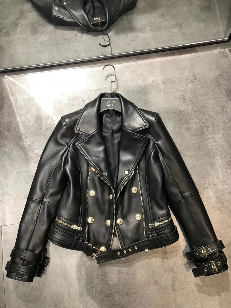 

Genuine Leather Jackets Women Luxury Designer 2023 Fashion Double Breasted Sheepskin Coats Female Outwear Clothes