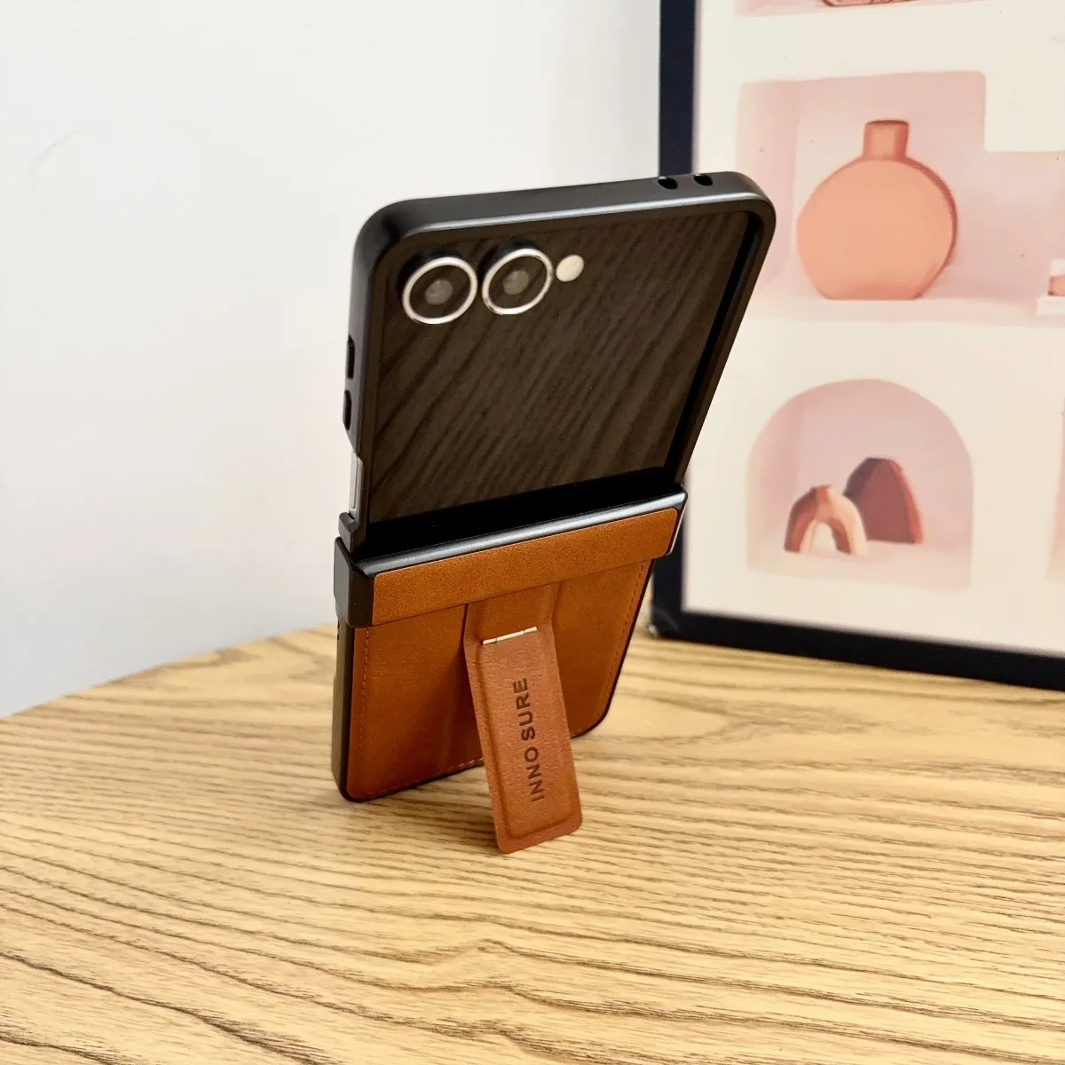 Luxury Calfskin Leather Shockproof Flip Case with Invisible Bracket and Hinge Protection