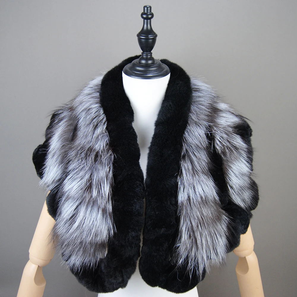 Genuine Rex Rabbit Fur Scarf With Fox Fur Women Winter Warm Scarves Trendy Elegant Natural Rex Rabbit Ring Scarves Female