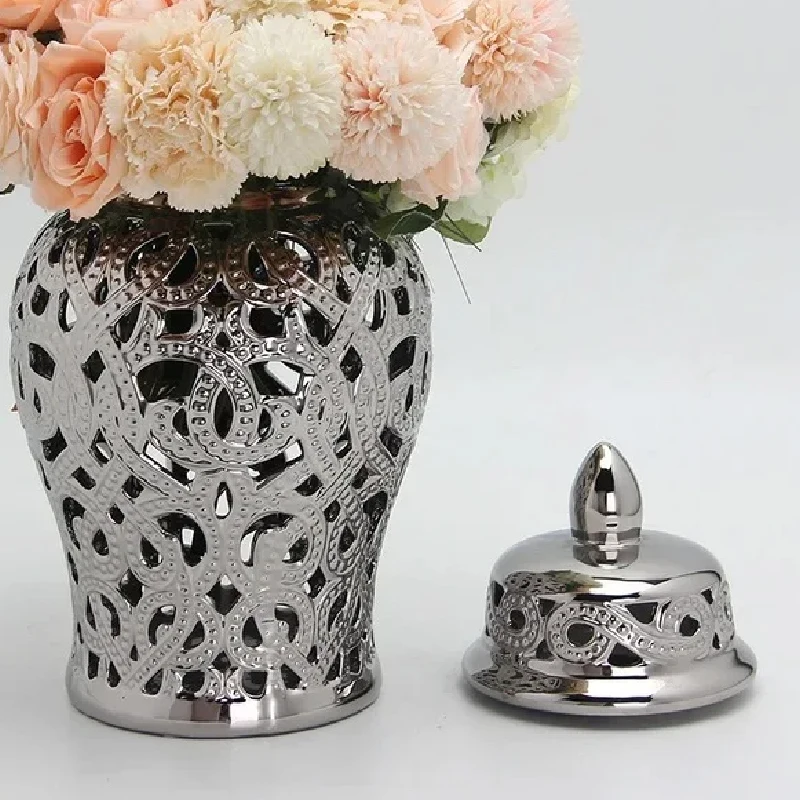 Chinese Hollow Ginger Pot Silver-plated Handicraft Ornament Dried Flower Flower Arrangement Accessories Decorative Storage Tank 6