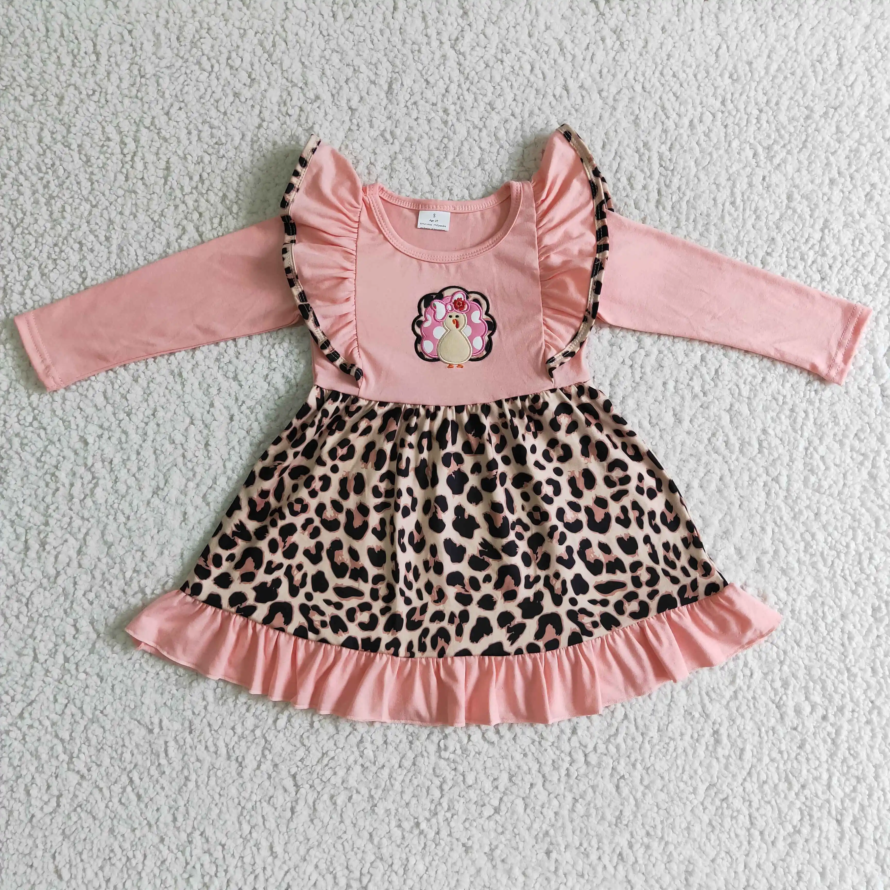 Gld0088 Ragazza Rosa Manica Lunga Twirl Abito Turchia Ricamo E Abito Con Stampa Leopardata