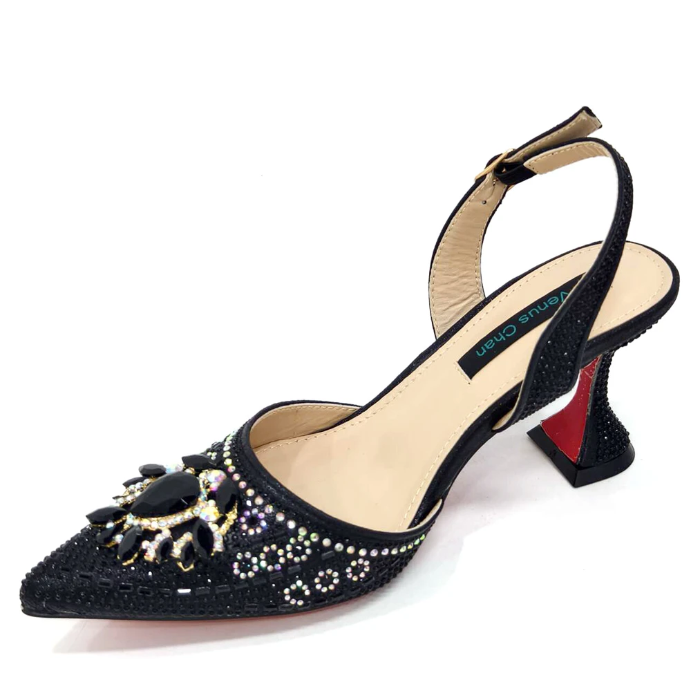 Venus Chan 2024 Latest Wedding Pointed Toe Women's Shoes High Heel Black Color Rhinestones italian shoes and bags matching set - Image 4