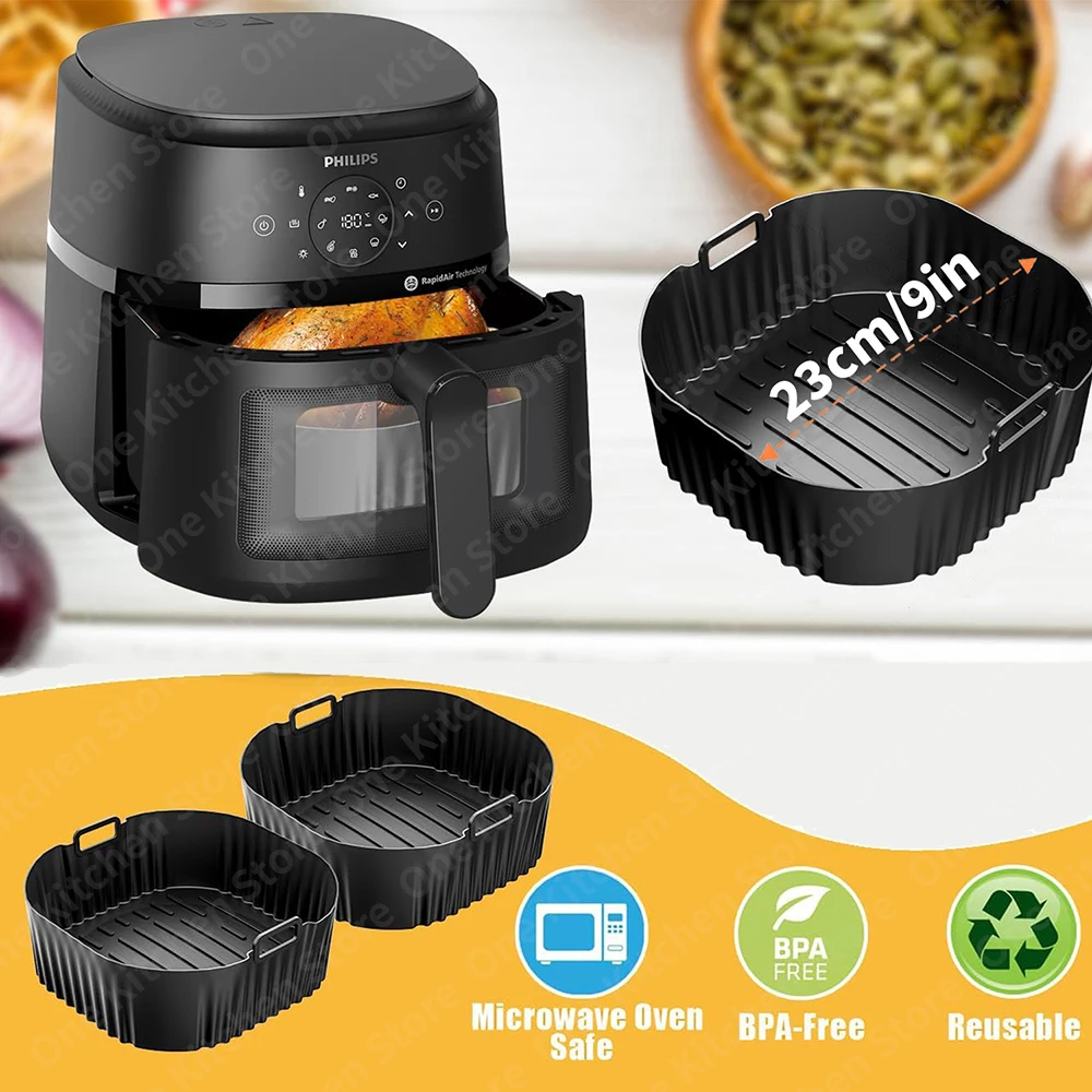 Enhanced Silicone Air Fryer Baking Tray - Large 23cm, 9-Inch Square Liners