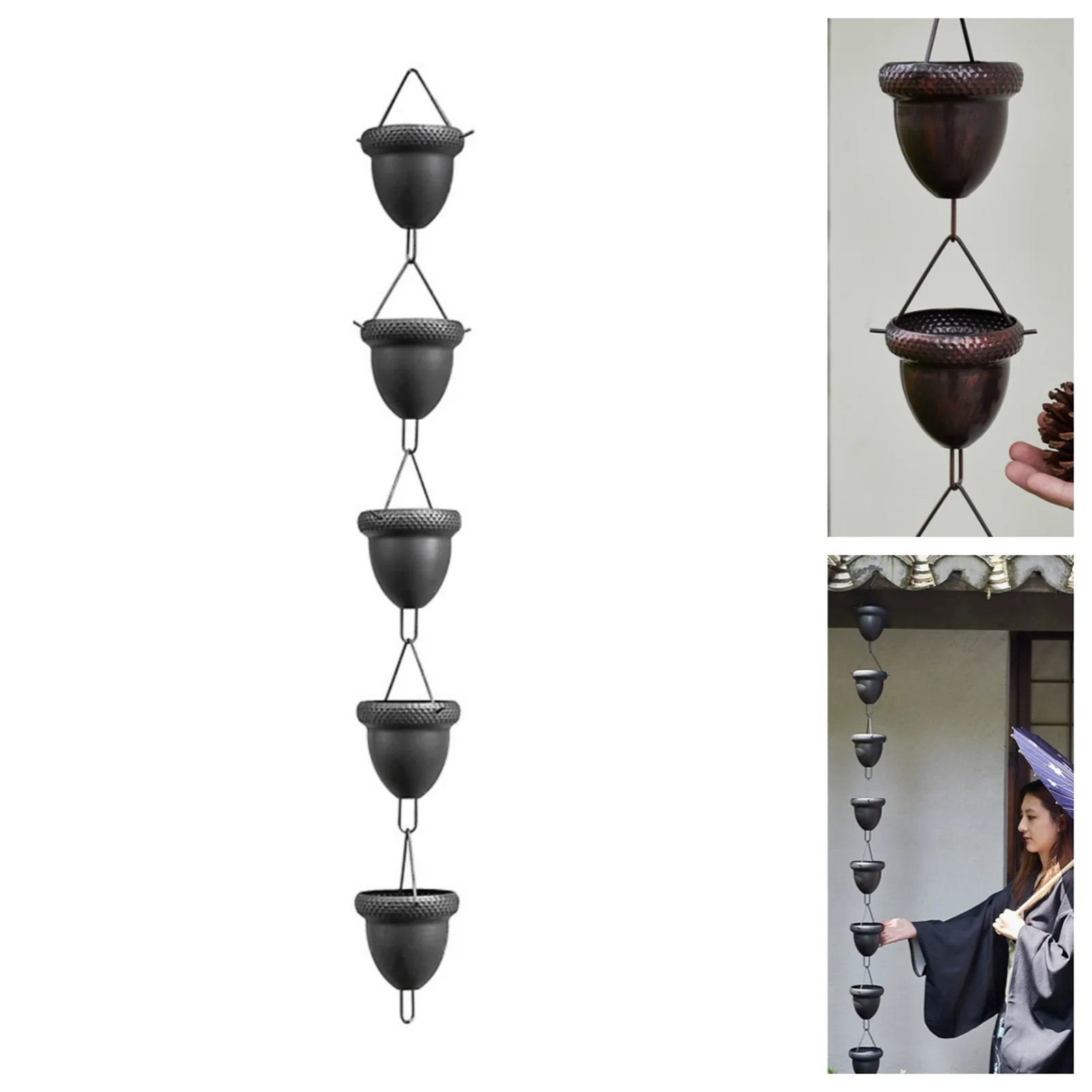 Description Picture 2 of item3.3FT Rain Chains Outside Aluminum With 15 Handmade Large Cups Adjustable Replacement Acorn Rain Chain Gutters Eaves Drainage