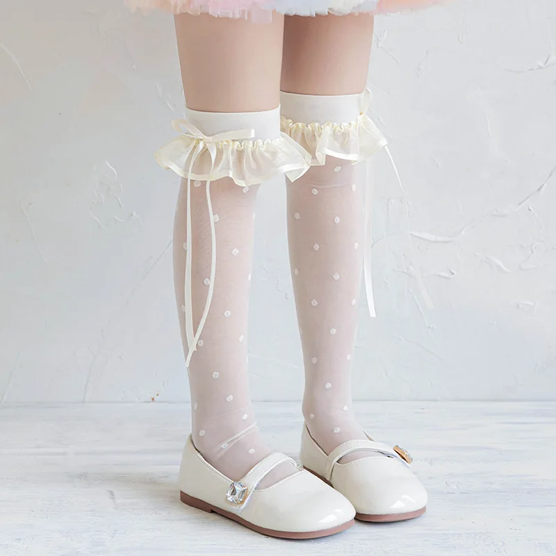 Black White Thin Breathable Lace Knee High Long Sock for Kids Girls Korean Fashion Dot Heart Knee Sock Nylon Cotton School Sock