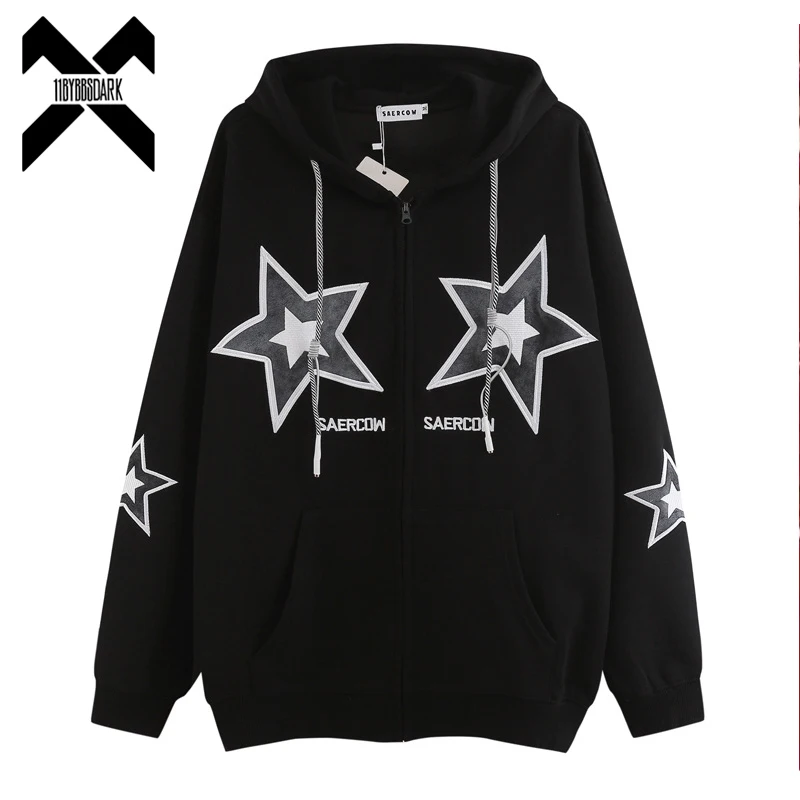 

Men Star Patchwork Zip Up Hoodie Coat Y2K Letter Embroidery Zipper Hooded Sweatshirt Streetwear Harajuku Hoodies Black