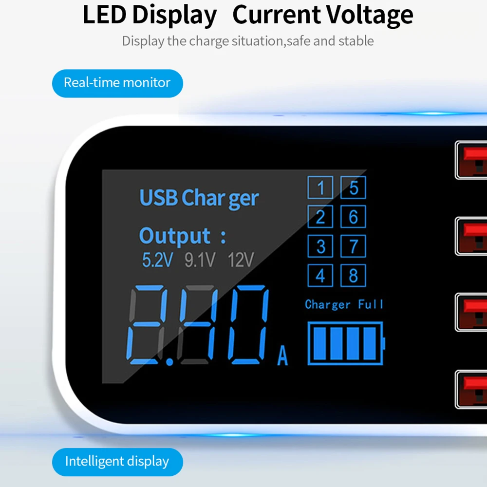 A9S+ 8 Port Car Charger with LED Display Type-C QC3.0 Quick Charging Intelligent Portable Safe Vehicle Charger Station