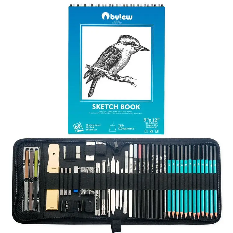 Bview Art 50 Pack Drawing Sketching Supplies Set Sketch Kit with Sketchbook Graphite Charcoal Pastel Pencil
