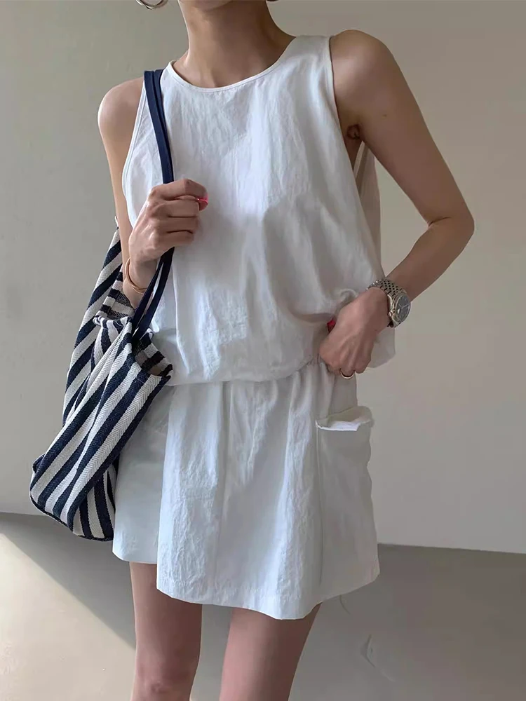 HELIAR Women Solid Color Casual 2 Piece Sets Zipper Sleeveless Vest Shirt +Elastic Waist Shorts Skirt Set Office Women Outfits - Image 3