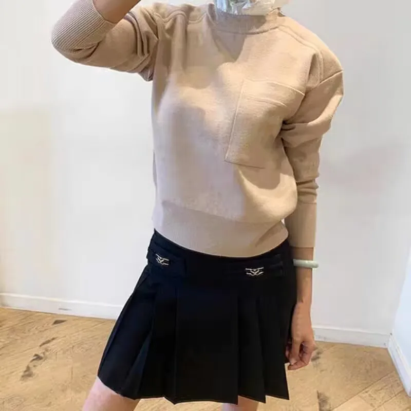 

Women Sweater Ruffled Neck Letter Embroidery Long Sleeve Knitted Pullover Top