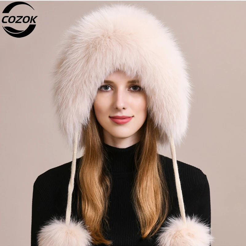 

Natural Fox Fur Bomber Hat Winter Warm Women Fluffy Genuine Fox Fur Earflap Caps Luxury Quality Russian Lady Real Fox Fur Hat