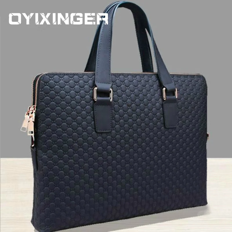 Double Zipper Genuine Leather Men Briefcase Blue Shoulder Diagonal Black Leather Male 14.1