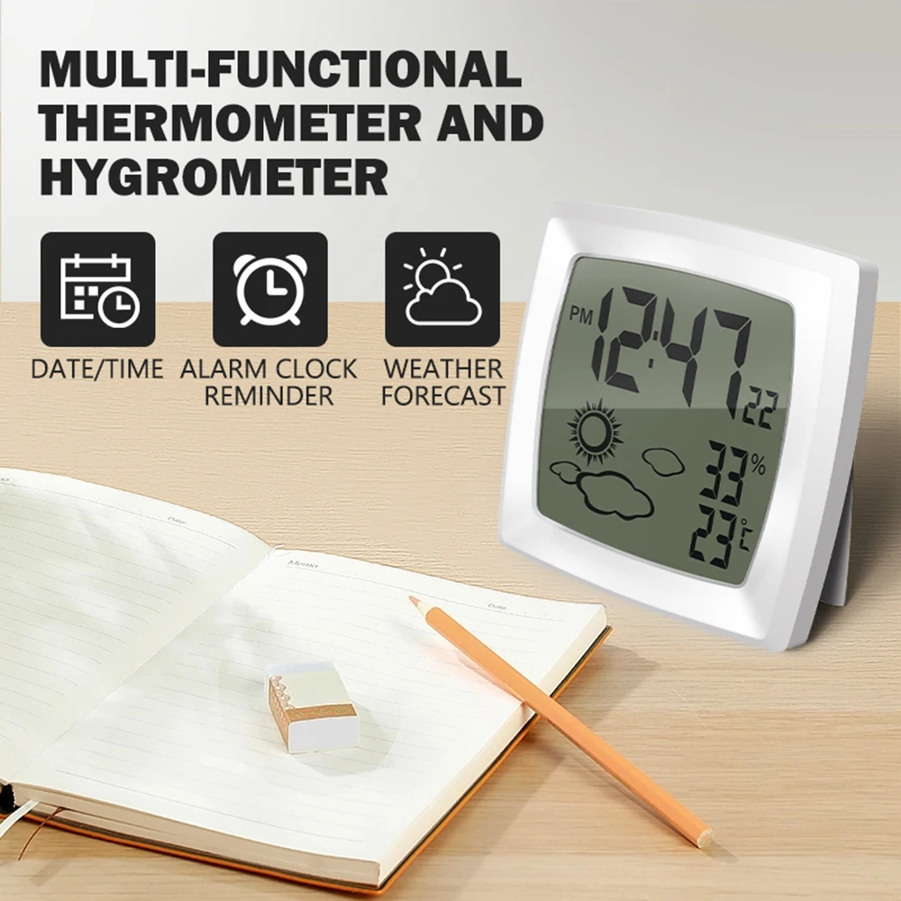 

LCD Digital Temperature Humidity Meter Time Alarm Clock Calendar Thermometer Hygrometer Weather Display Auto Sensing Backlight