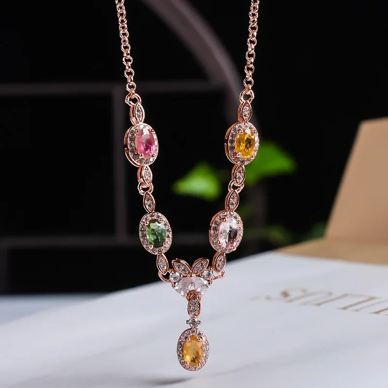 

Brazil Rainbow Tourmaline Necklace Copper Plated Rose Gold Set Luxury Tourmaline Necklace Women's Gemstone Evening Wear Pendant