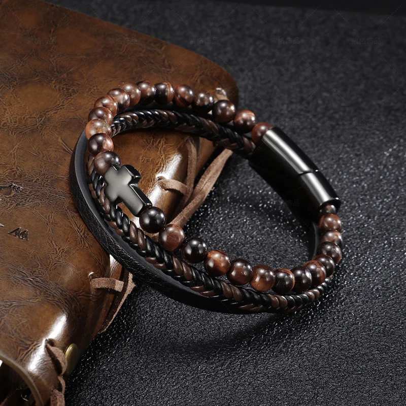

NIUYITID Natural Tiger Eye Stone Multilayer Genuine Leather Men's Bracelet Jewelry Cross Charm Male Femme High Quality