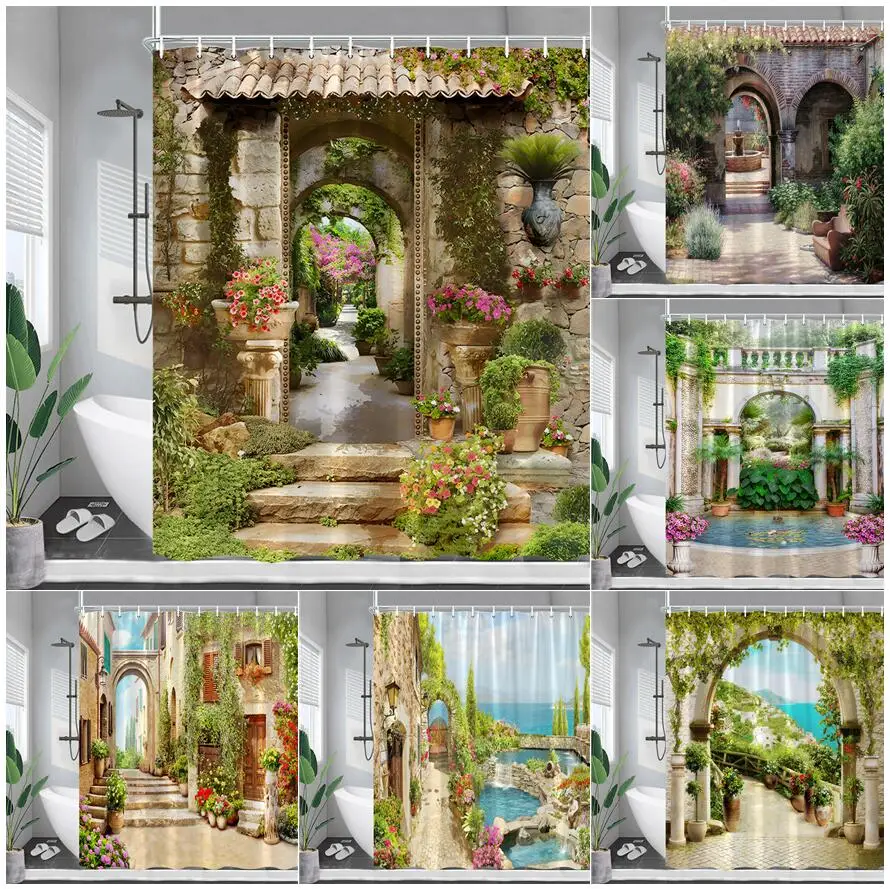 

Italian Landscape Shower Curtain Vintage European Town Street Flowers Scenery Garden Wall Hanging Home Bathroom Decor with Hooks