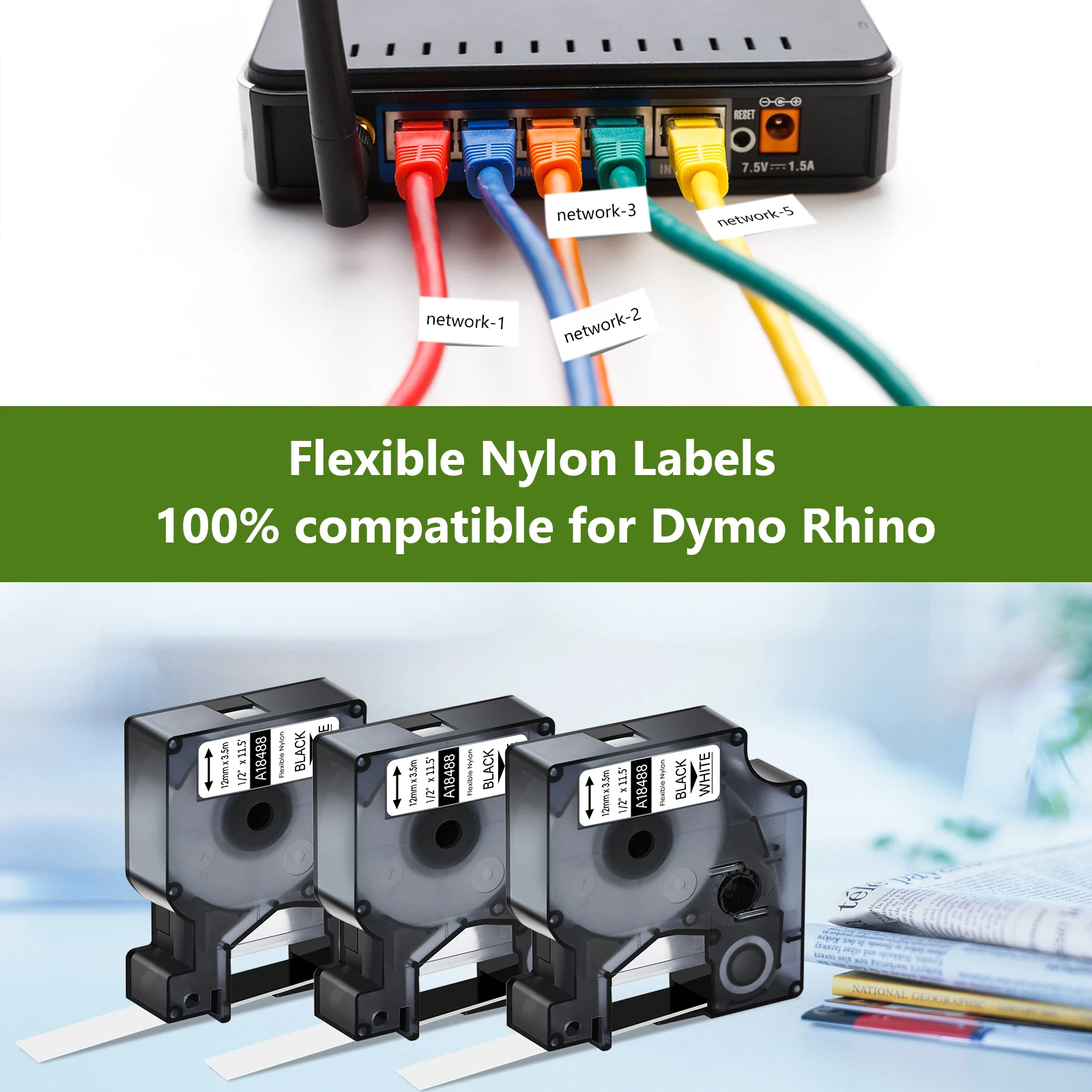 Dymo Rhino 18488 18489 12mm용 흰색 IND 유연한 나일론 라벨 테이프에 검정색 5개