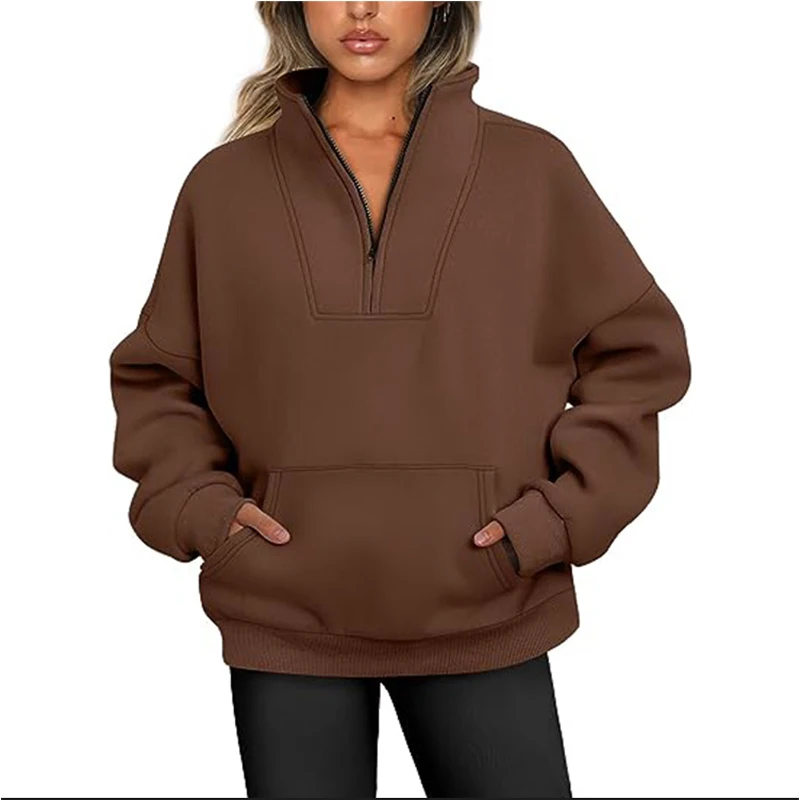 2023 Winter New Solid Color Stand Collar Long Sleeve Fashion Sweatshirts Women Casual Loose Zipper Pockets Screw Thread Pullover
