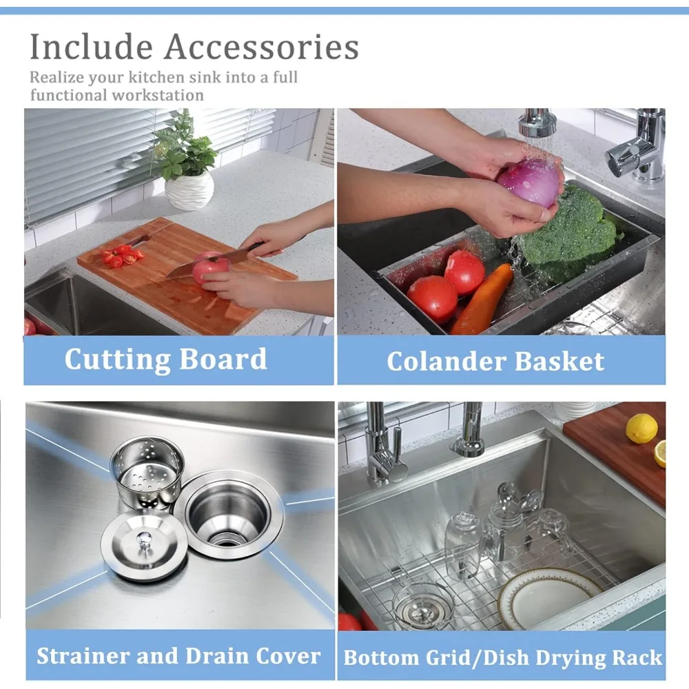30x22 Inch Kitchen Sink Topmount, Stainless Steel 10" Deep Single Bowl Sink, Workstation Sink Combo