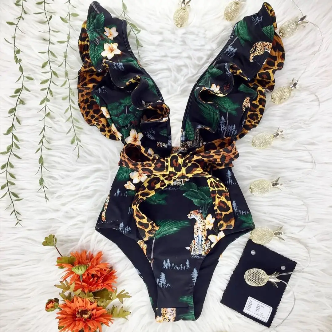 One Piece Swimsuit Deep V-neck Ruffle Push Up Backless Monokini
