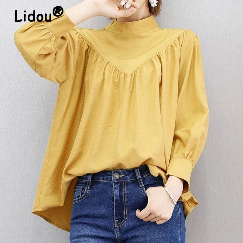 

Simple Style Stand Collar Ruffled Long Sleeve Oversized Blouse Top Women Spring Autumn 2023 Fashion Solid Shirts Blusas Clothing