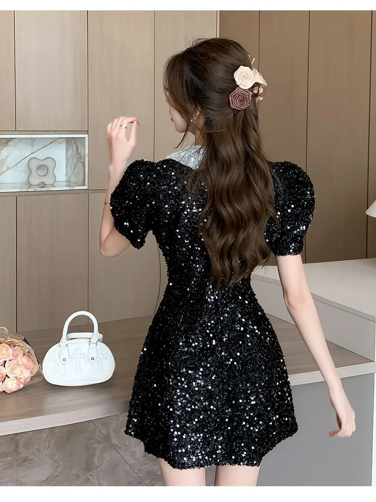 Black High-Quality Summer Women's Party Fashion Flip Collar Contrasting Sequin  Dress - AliExpress 200000345