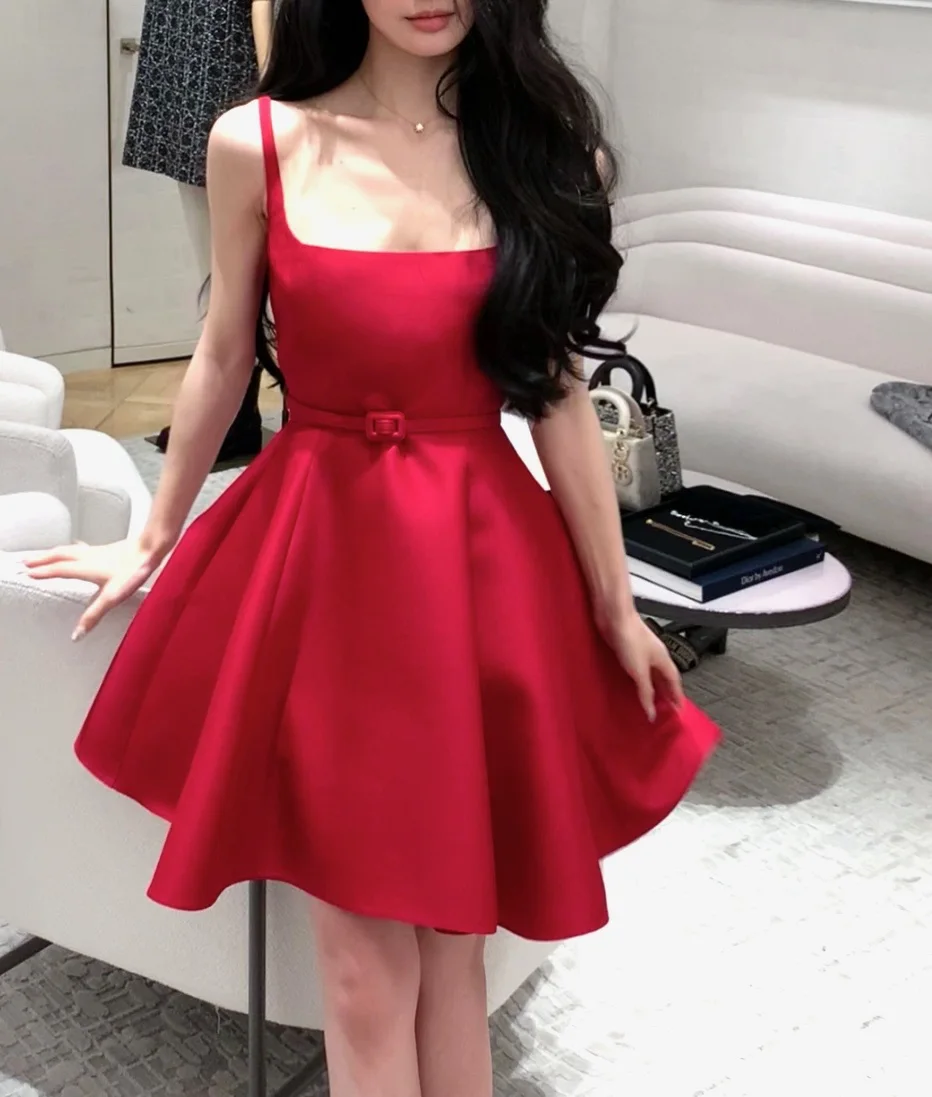 Elegant Short Dresses for Women Summer New Solid Spaghetti Strap A-line Evening Party Dress Prom Chic Clothing Vestidos Mujer