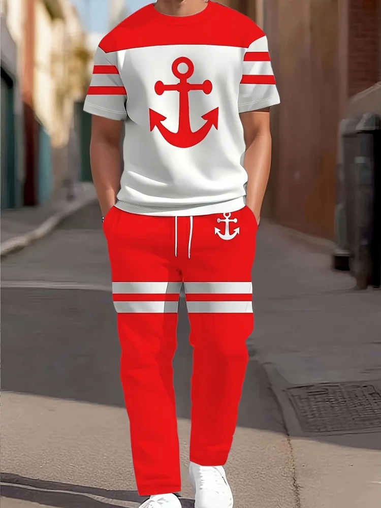Conjunto De Dos Piezas Para Hombre, Camisa De Manga Corta Y Pantalones Largos Con Estampado A Rayas, Estilo Casual, Deportivo Y Urbano Para Verano_viptrois.com