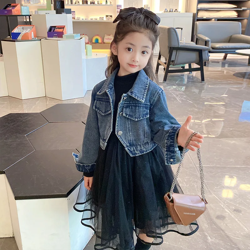 

Childrens Set Spring New Fashion 2024 Girl Cowboy Coat Long Sleeved Mesh Yarn Two Piece Simple Turn Down Collar