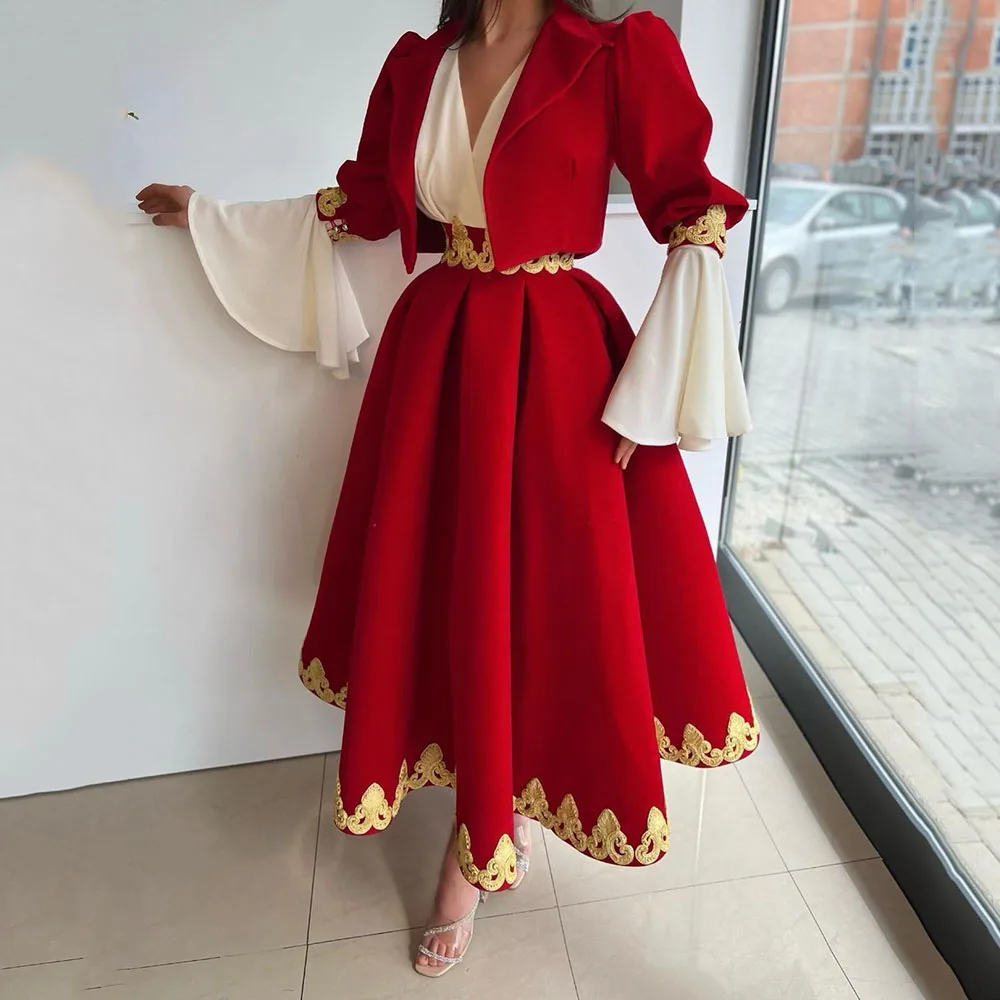 

SoDigne Caftan Evening Dress 2023 With Jacket Appliques Gold Lace Bat Sleeve A Line Velvet Formal Prom Celebrity Gowns