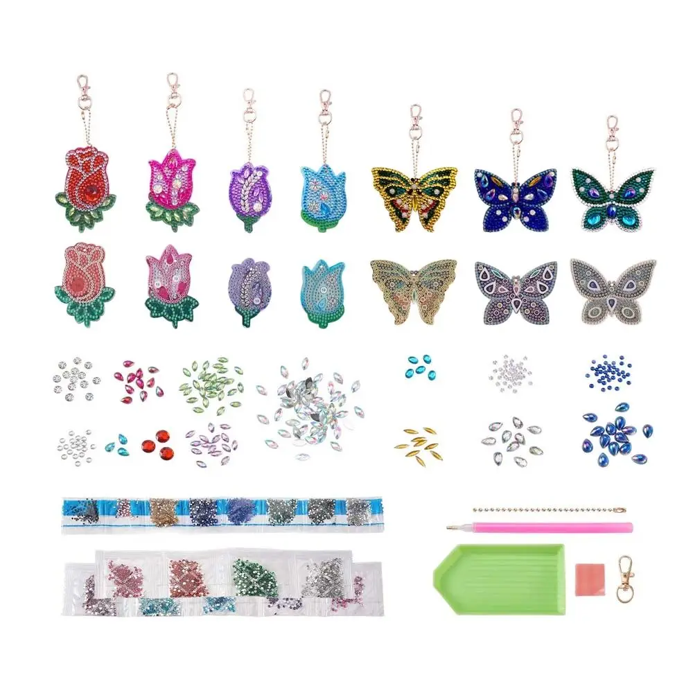 

2sets/Bag DIY Painting Keychain Kits Mixed Color with Rose & Butterfly Shape Painting Mold Rhinestone Jewelry Making