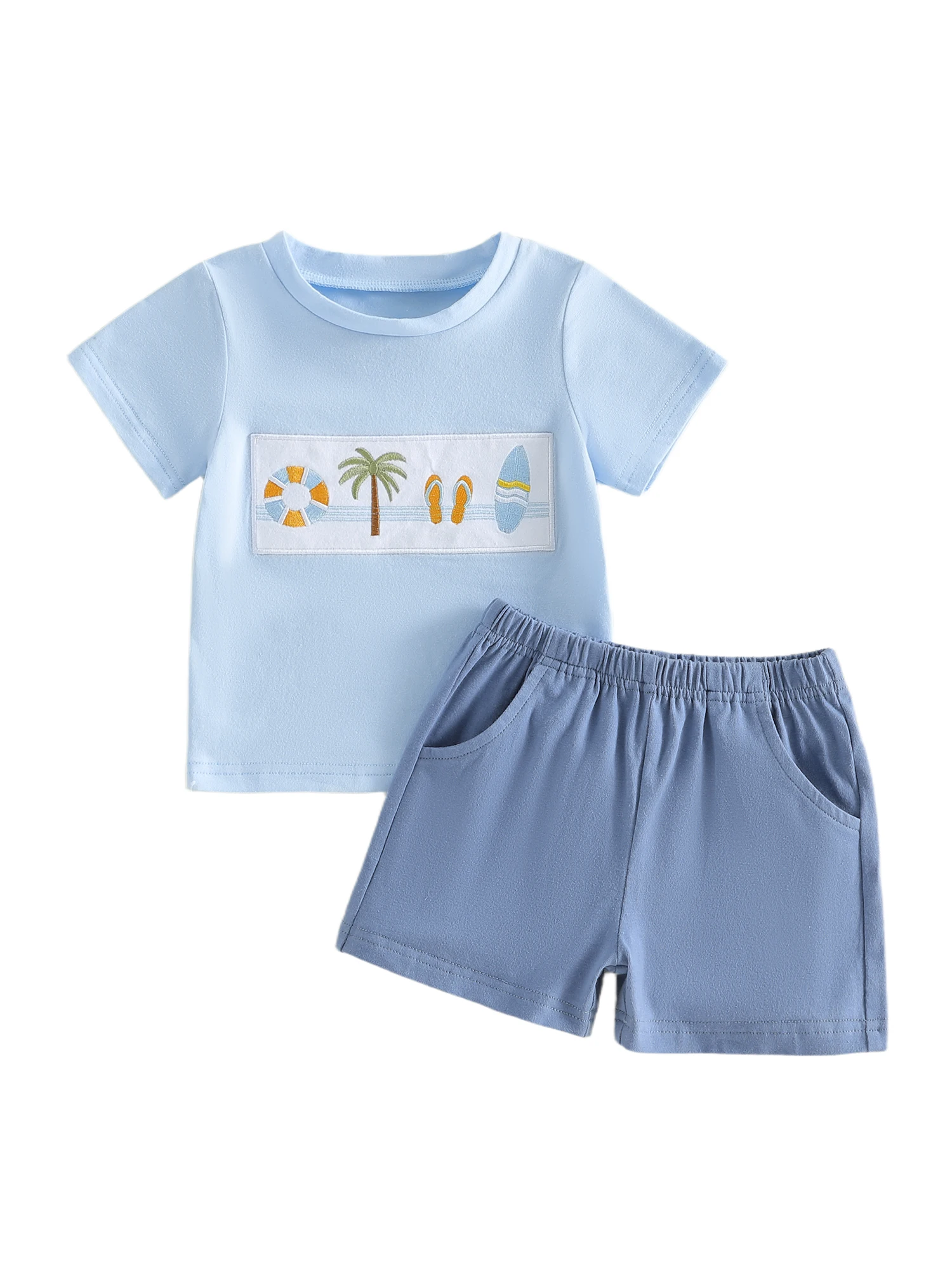 طقم ملابس صيفي للأطفال الصغار من الأولاد، قميص بأكمام قصيرة مطرز بشجرة جوز الهند، وشورت، طقم ملابس لطيف