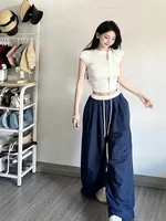 American Retro Sport Work Pants Women's Loose Casual Trousers Summer Lazy Color Blo High Waist Straight Leg Pants