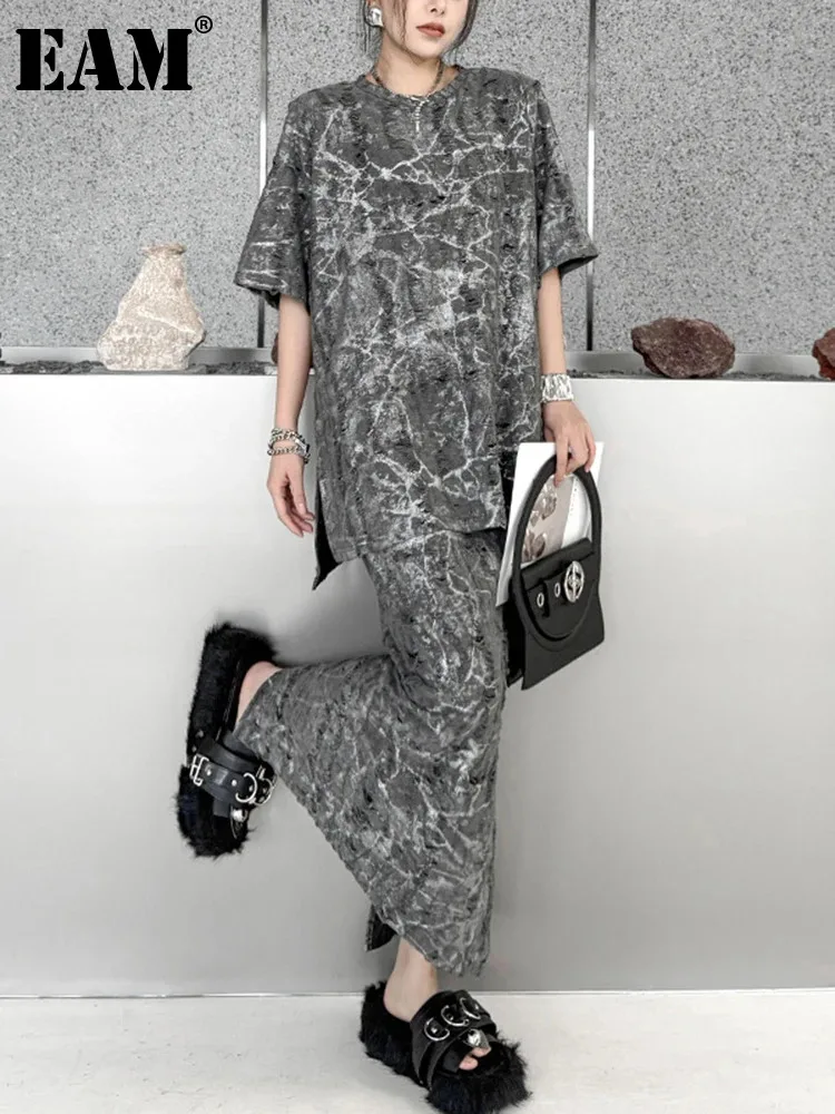 

[EAM] Gray Big Size T-shirt Half-body Skirt Two Pieces Suit New Round Neck Half Sleeve Women Fashion Spring Summer 2024 1DH5044