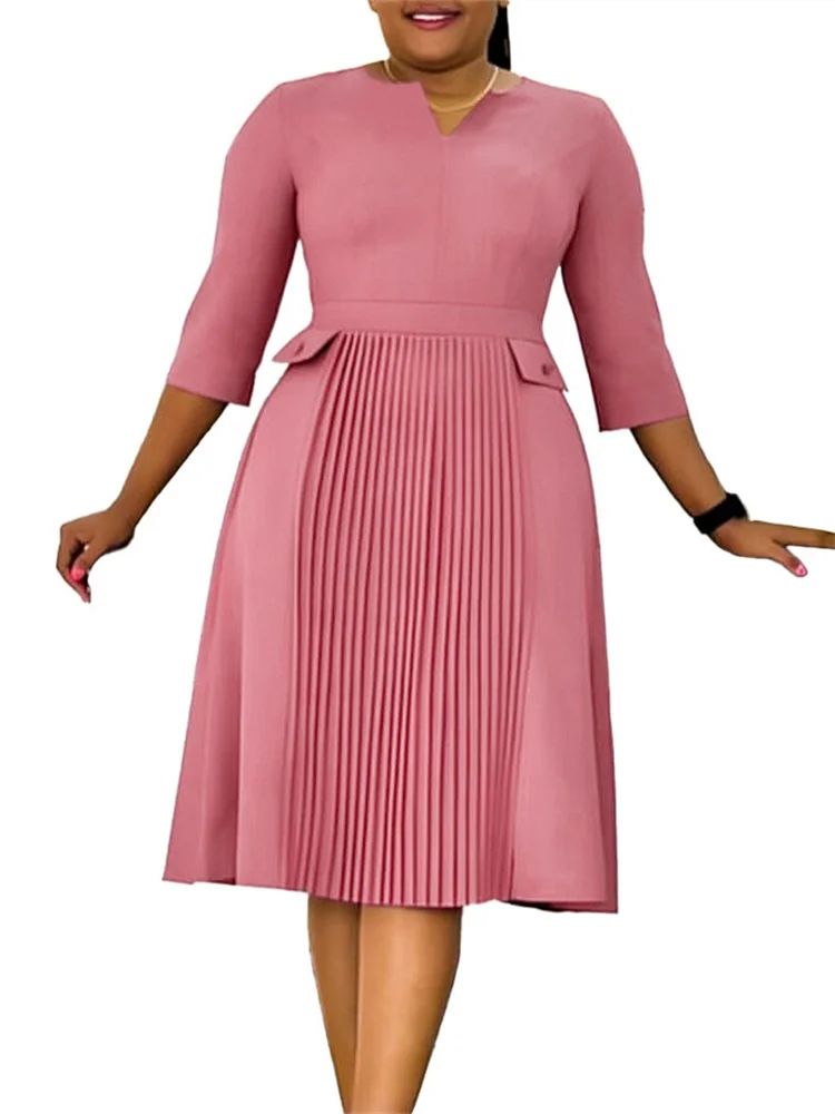 Wmstar Women Dresses Solid Color Fashionable Slim Fit Pleated Seven Quarter Sleeve V-neck Women's Dress Wholesale Dropshipping